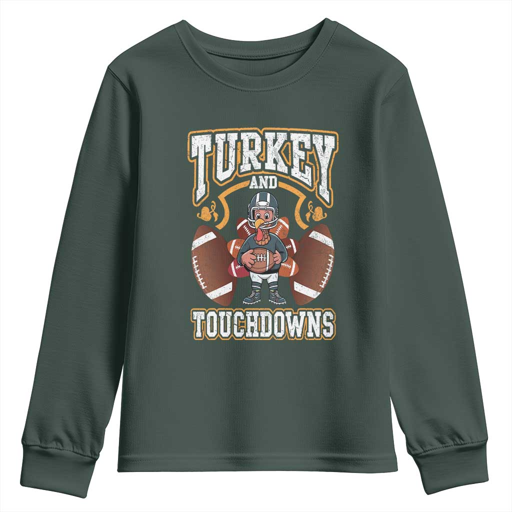 Thanksgiving Turkey And Touchdowns Football Youth Sweatshirt Game Day TS10 Dark Forest Green Print Your Wear