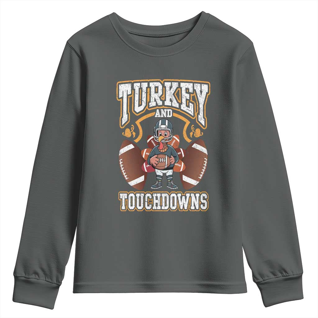 Thanksgiving Turkey And Touchdowns Football Youth Sweatshirt Game Day TS10 Dark Heather Print Your Wear