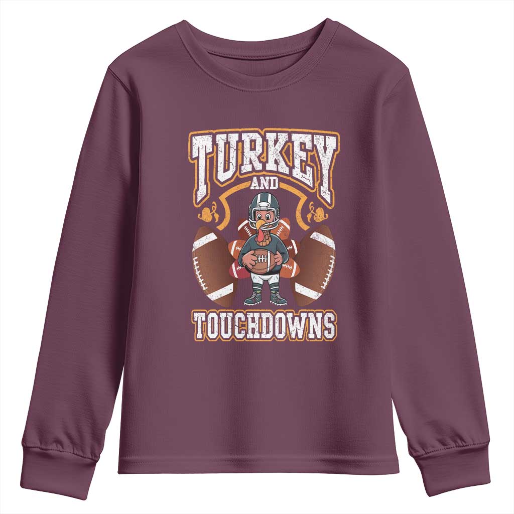 Thanksgiving Turkey And Touchdowns Football Youth Sweatshirt Game Day TS10 Maroon Print Your Wear