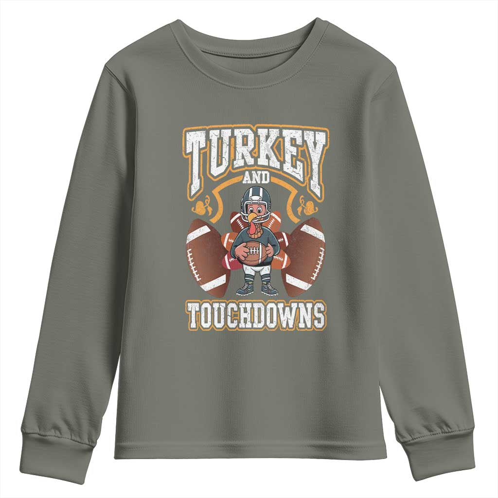 Thanksgiving Turkey And Touchdowns Football Youth Sweatshirt Game Day TS10 Military Green Print Your Wear