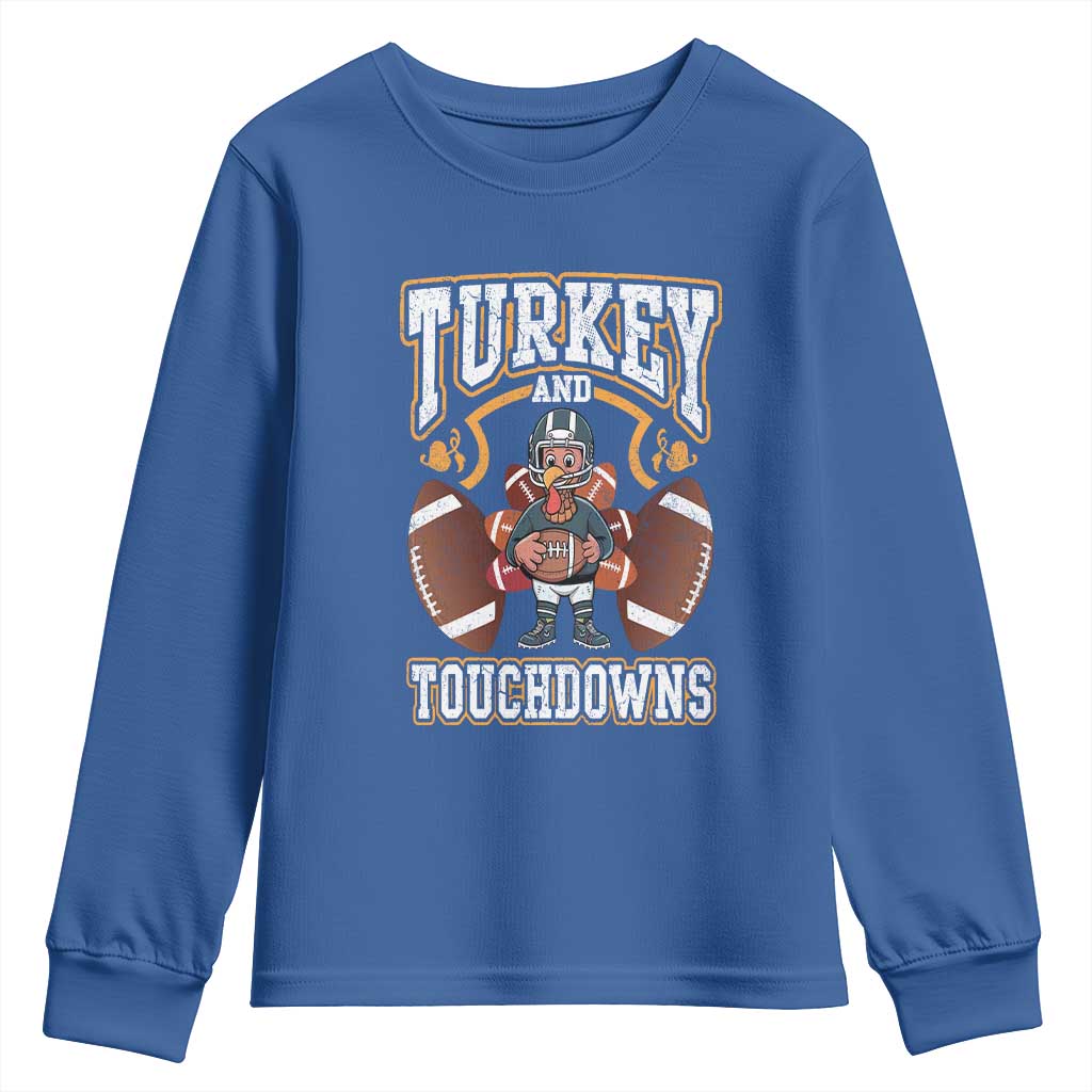 Thanksgiving Turkey And Touchdowns Football Youth Sweatshirt Game Day TS10 Royal Blue Print Your Wear
