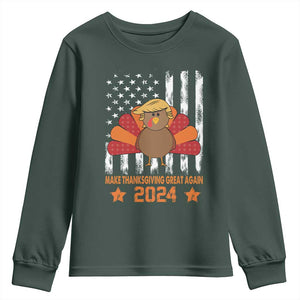 Funny Thanksgiving Trump 2024 Youth Sweatshirt USA Make Thanksgivings Great Again Turkey Fall Autumn Season TS10 Dark Forest Green Print Your Wear