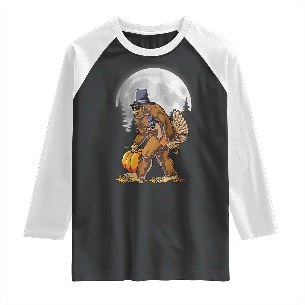 Bigfoot Pilgrim Turkey Pumpkin Thanksgiving Day Raglan Shirt Sasquatch TS10 Black White Print Your Wear