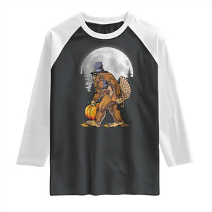 Bigfoot Pilgrim Turkey Pumpkin Thanksgiving Day Raglan Shirt Sasquatch TS10 Black White Print Your Wear