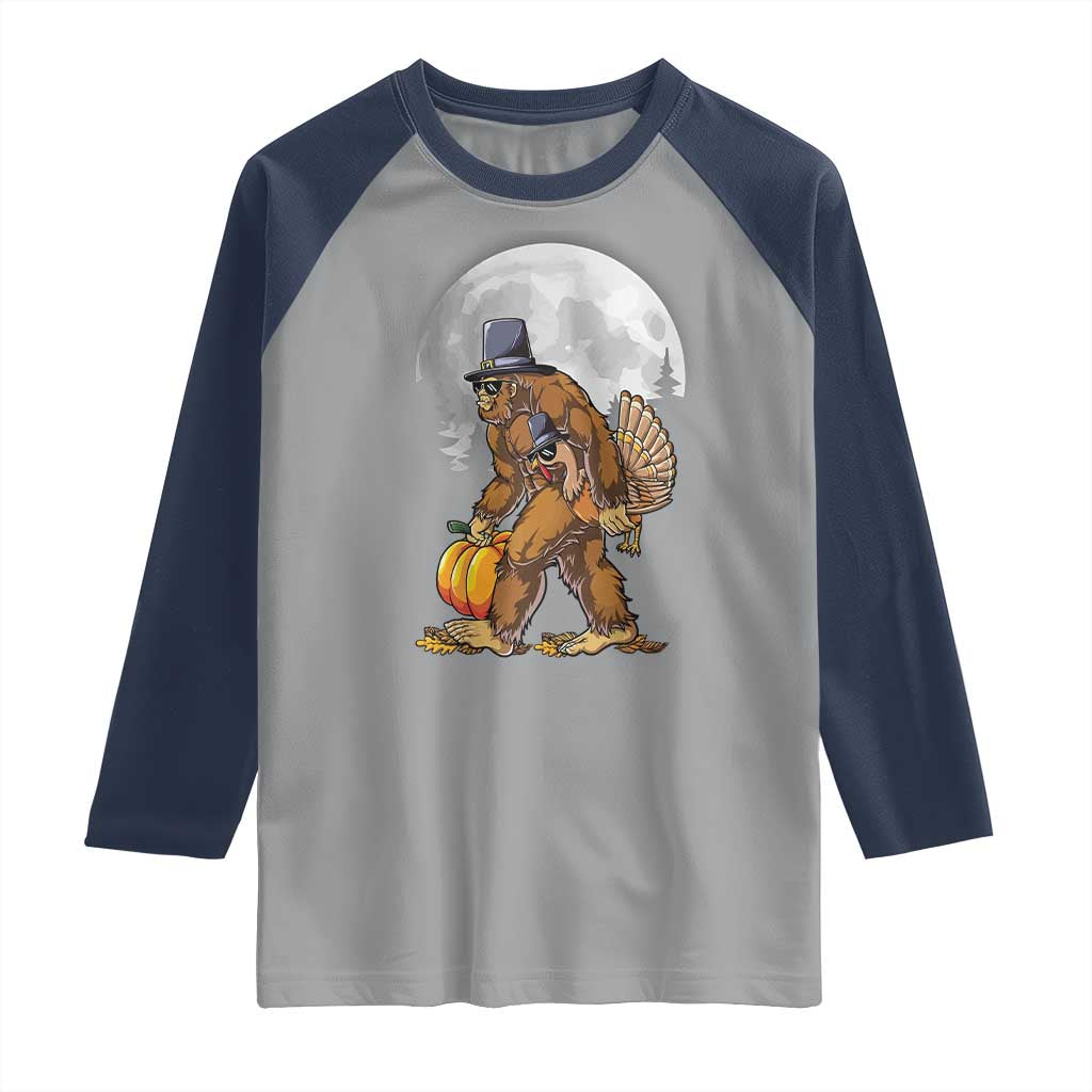 Bigfoot Pilgrim Turkey Pumpkin Thanksgiving Day Raglan Shirt Sasquatch TS10 Sport Gray Navy Print Your Wear
