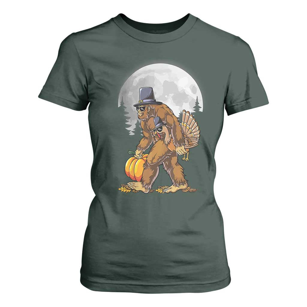 Bigfoot Pilgrim Turkey Pumpkin Thanksgiving Day T Shirt For Women Sasquatch TS10 Dark Forest Green Print Your Wear