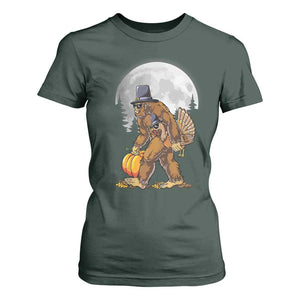 Bigfoot Pilgrim Turkey Pumpkin Thanksgiving Day T Shirt For Women Sasquatch TS10 Dark Forest Green Print Your Wear