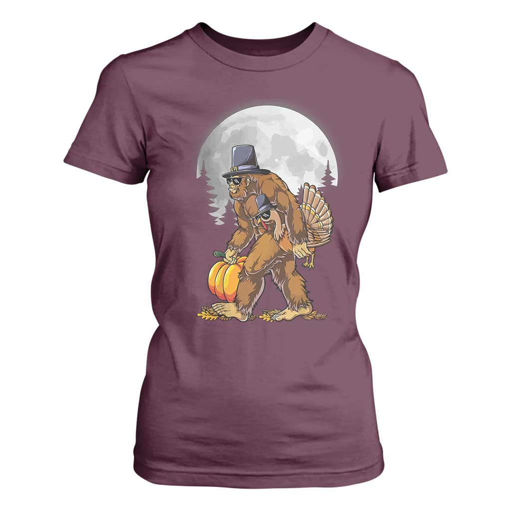 Bigfoot Pilgrim Turkey Pumpkin Thanksgiving Day T Shirt For Women Sasquatch TS10 Maroon Print Your Wear