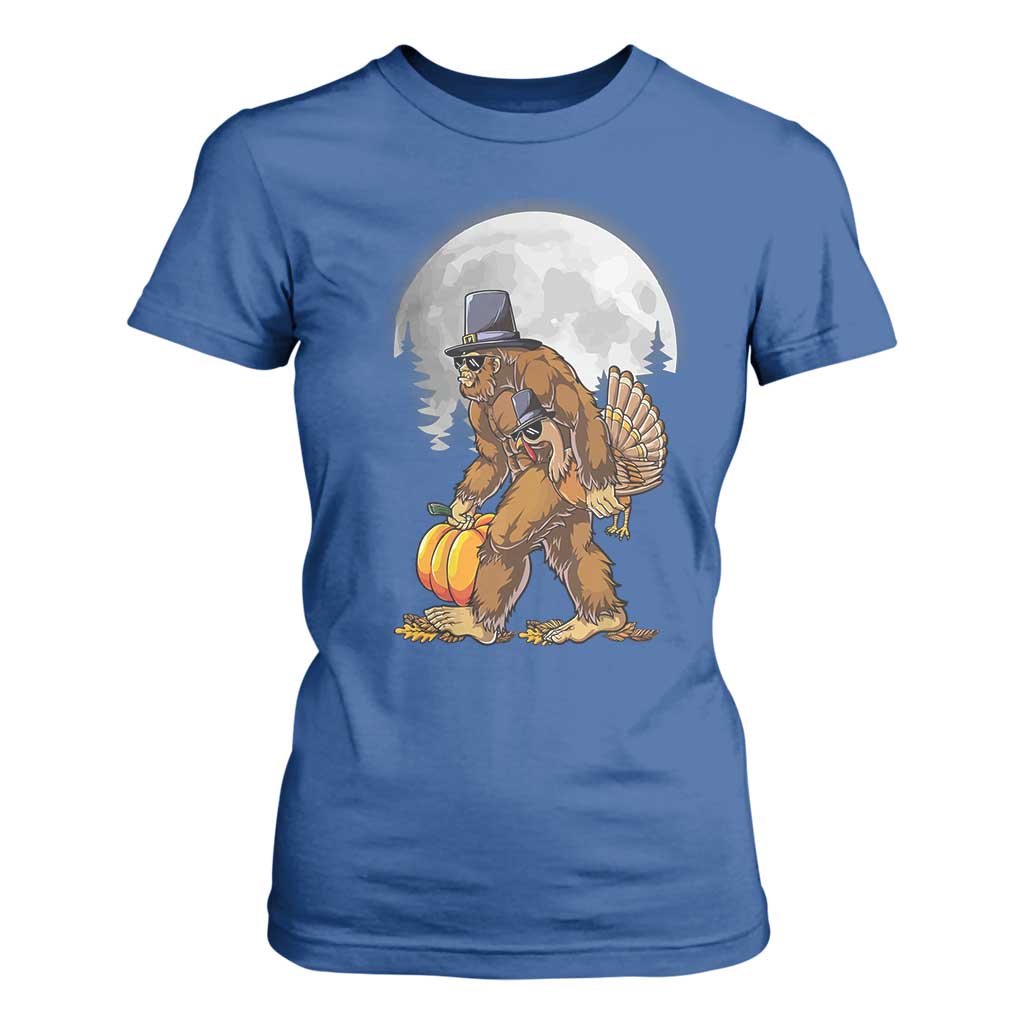 Bigfoot Pilgrim Turkey Pumpkin Thanksgiving Day T Shirt For Women Sasquatch TS10 Royal Blue Print Your Wear