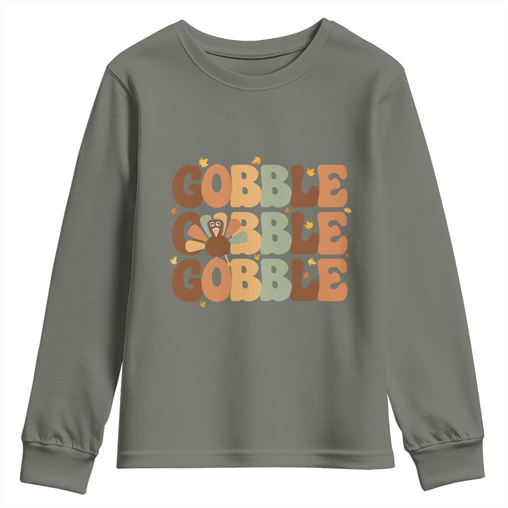 Thanksgiving Gobble Youth Sweatshirt Fall Turkey Thankful Vibes TS10 Military Green Print Your Wear