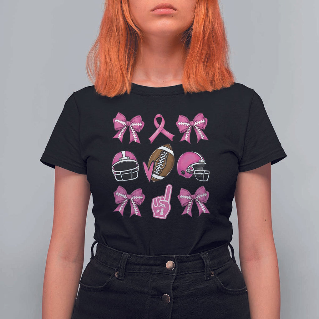 Football Breast Cancer Awareness T Shirt For Women Football Coquette Bow Pink Ribbon Game Day TS10 Black Print Your Wear