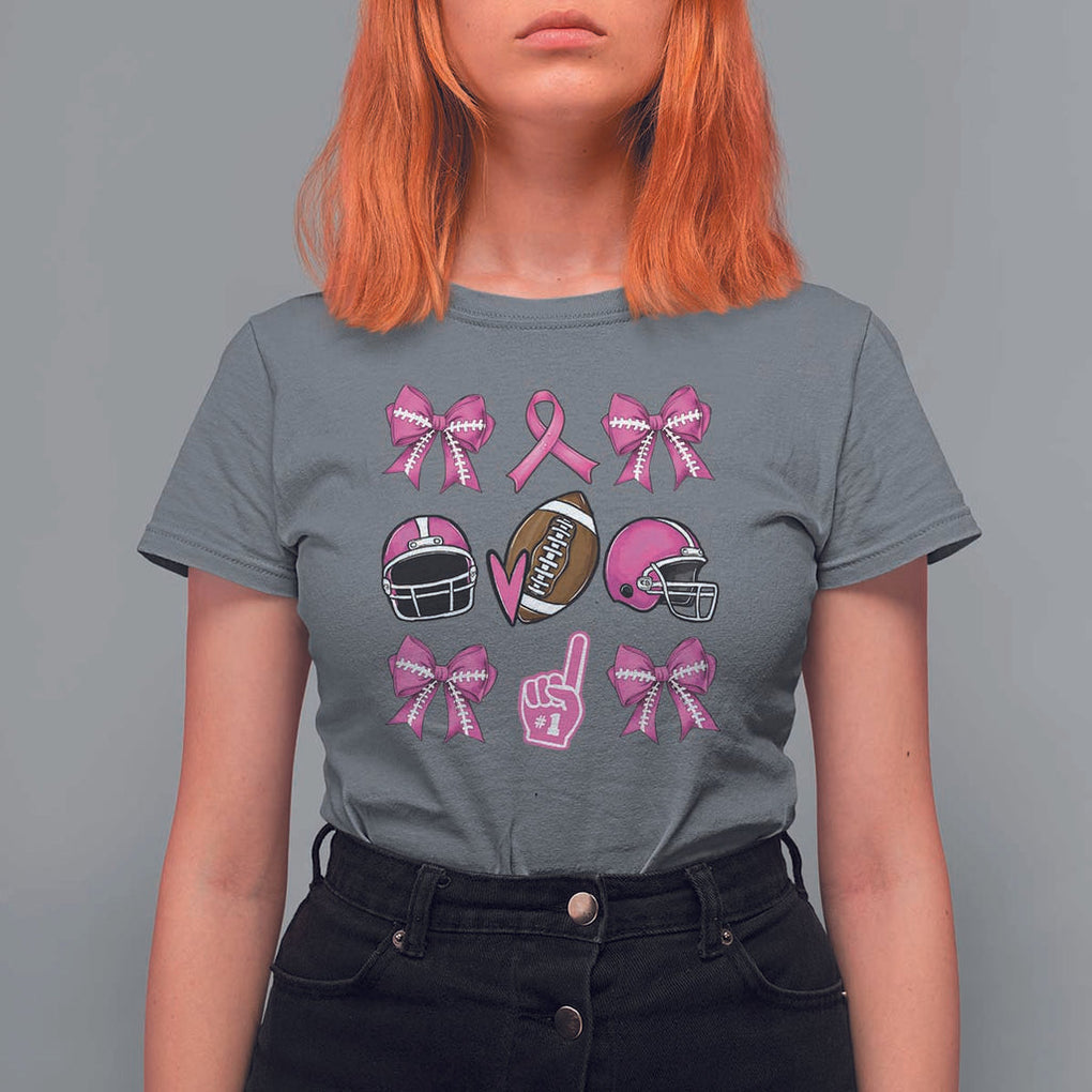Football Breast Cancer Awareness T Shirt For Women Football Coquette Bow Pink Ribbon Game Day TS10 Charcoal Print Your Wear