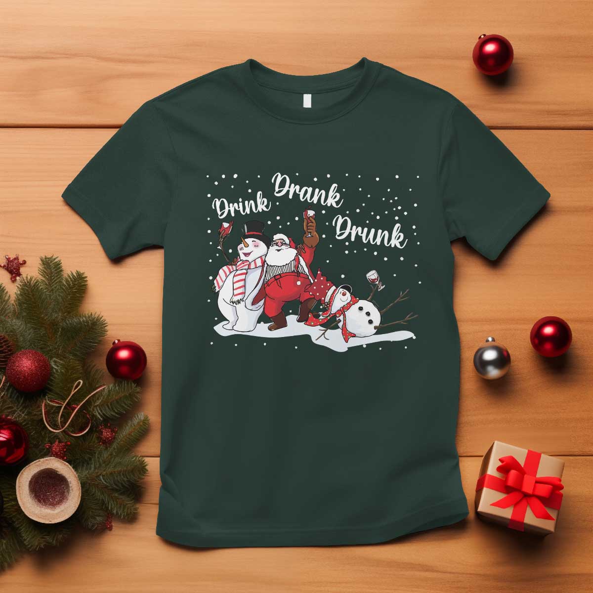 Funny Christmas Drinking T Shirt Xmas Party Drunk Santa Snowman Drinking Wine TS10 Dark Forest Green Print Your Wear