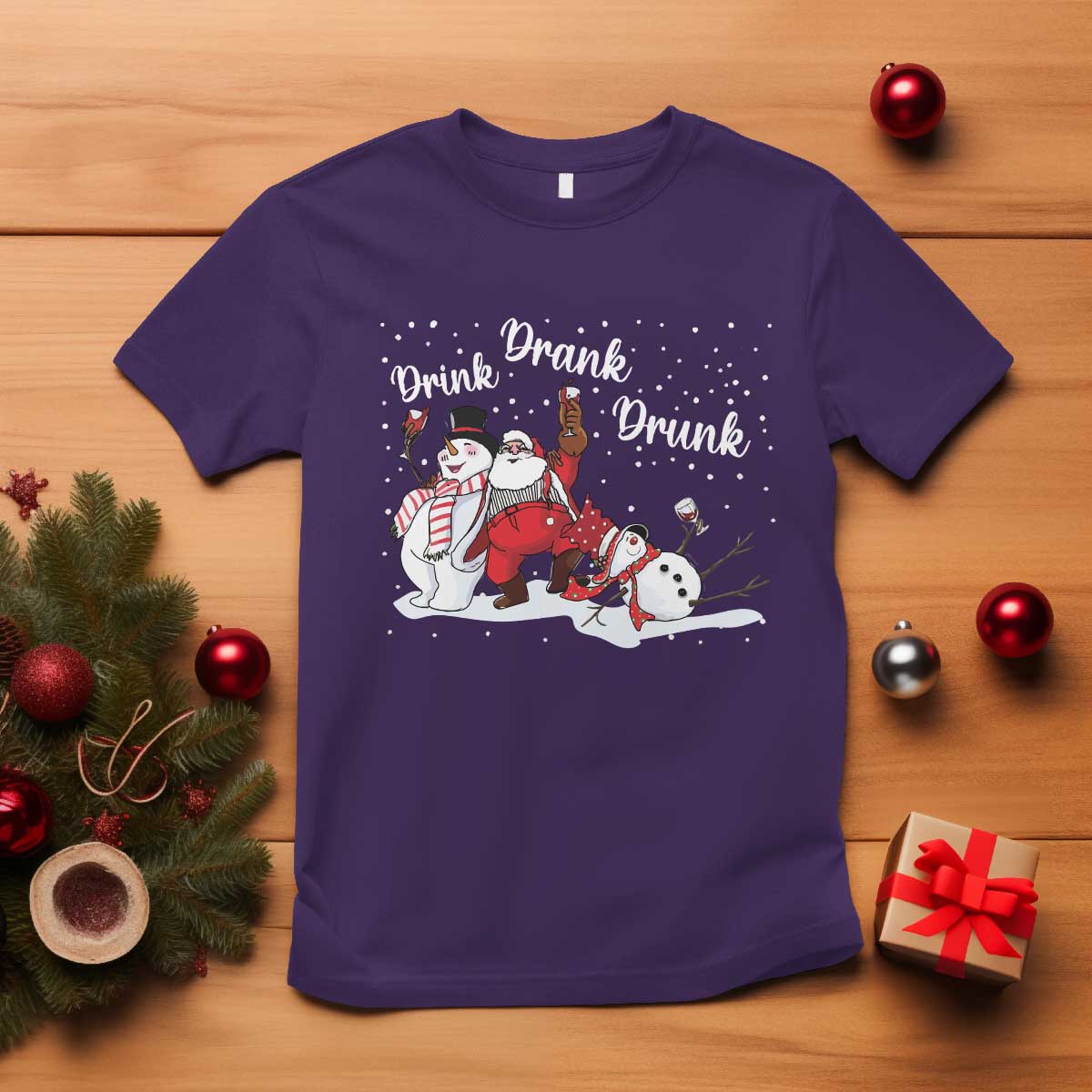 Funny Christmas Drinking T Shirt Xmas Party Drunk Santa Snowman Drinking Wine TS10 Purple Print Your Wear
