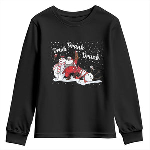 Funny Christmas Drinking Youth Sweatshirt Xmas Party Drunk Santa Snowman Drinking Wine TS10 Black Print Your Wear