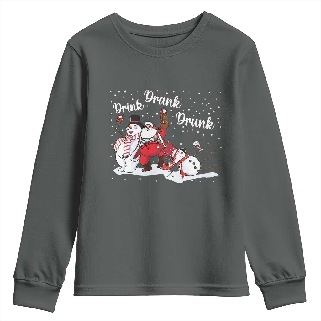 Funny Christmas Drinking Youth Sweatshirt Xmas Party Drunk Santa Snowman Drinking Wine TS10 Dark Heather Print Your Wear