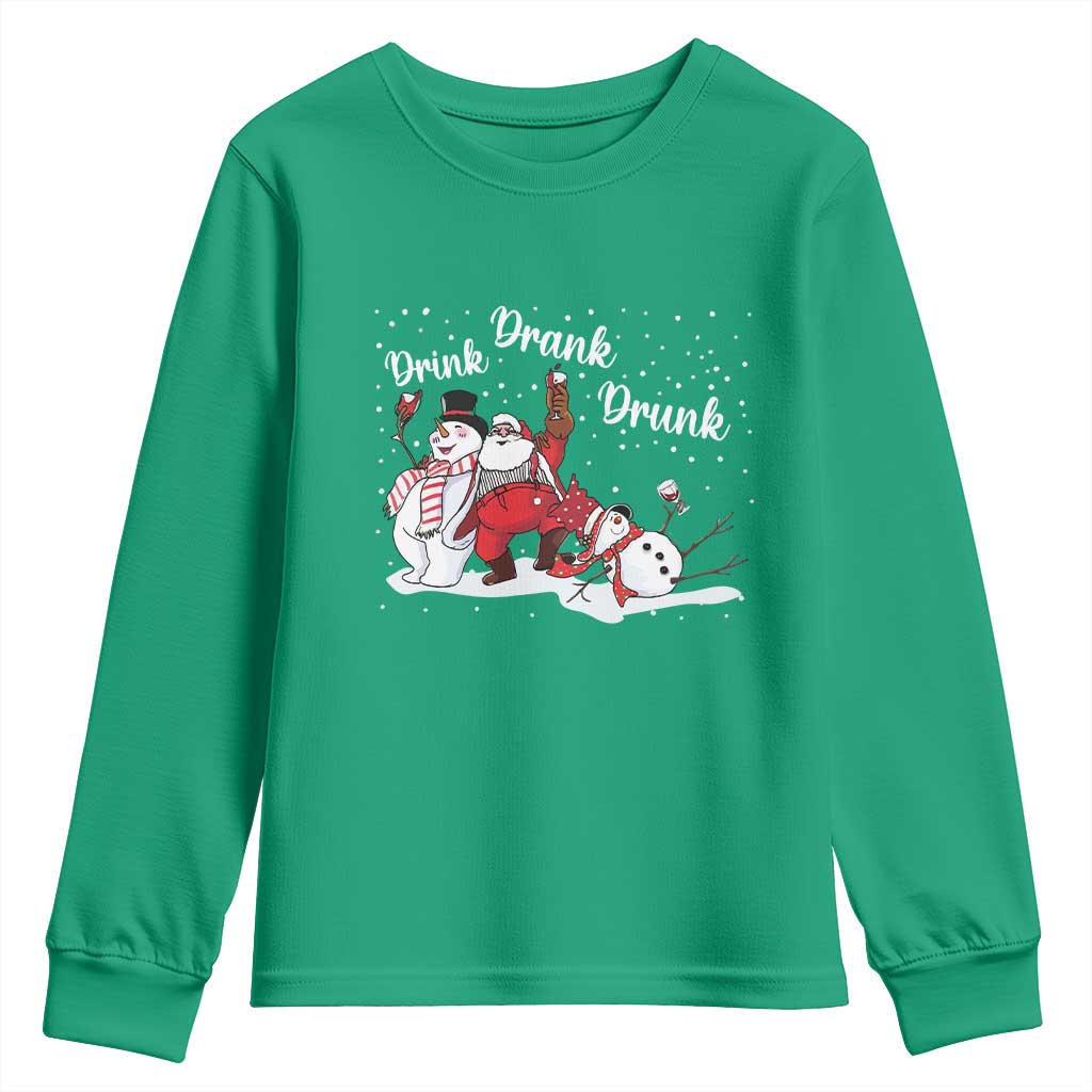 Funny Christmas Drinking Youth Sweatshirt Xmas Party Drunk Santa Snowman Drinking Wine TS10 Irish Green Print Your Wear