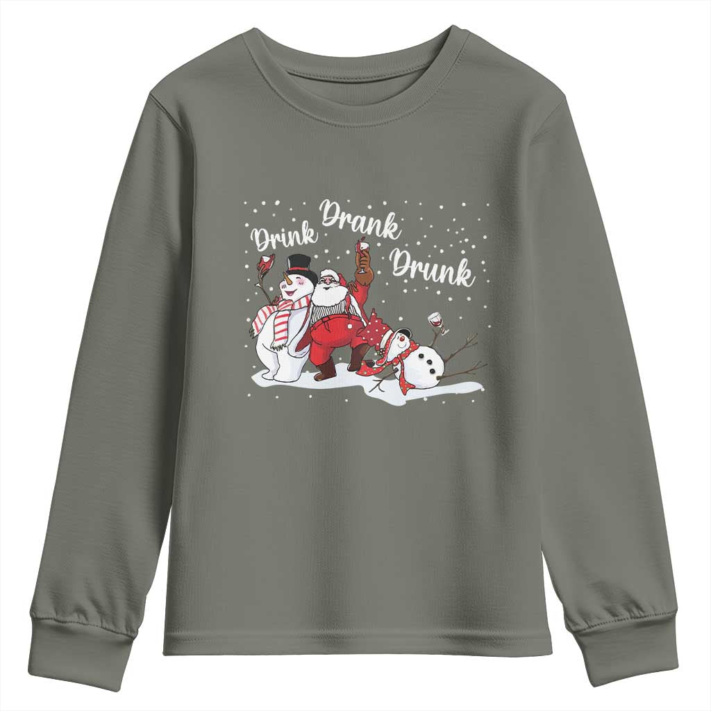 Funny Christmas Drinking Youth Sweatshirt Xmas Party Drunk Santa Snowman Drinking Wine TS10 Military Green Print Your Wear