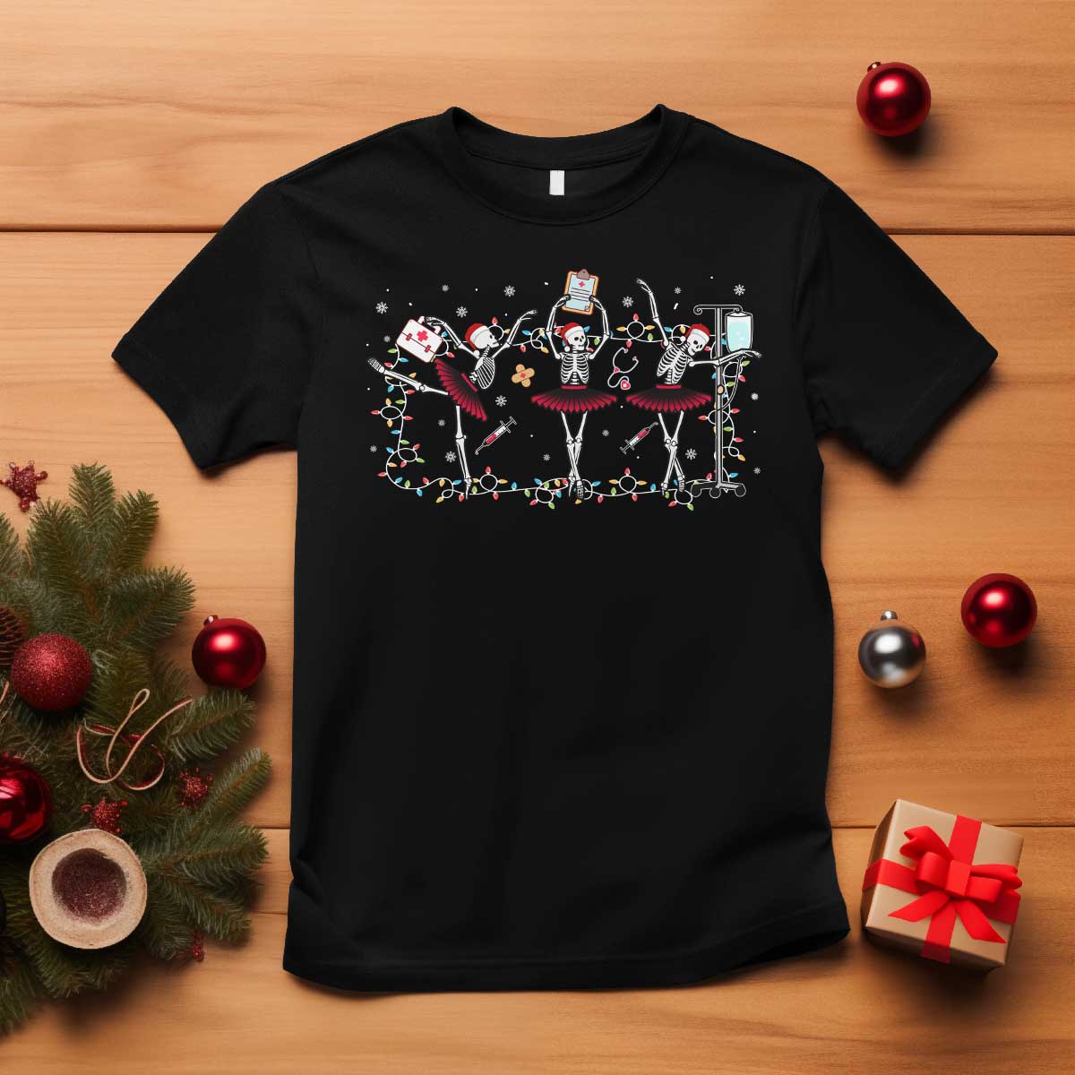 Skeleton Nurse Christmas T Shirt Ballerinas Ballet Dance Xmas Lights TS10 Black Print Your Wear