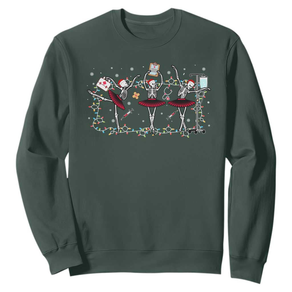Skeleton Nurse Christmas Sweatshirt Ballerinas Ballet Dance Xmas Lights TS10 Dark Forest Green Print Your Wear