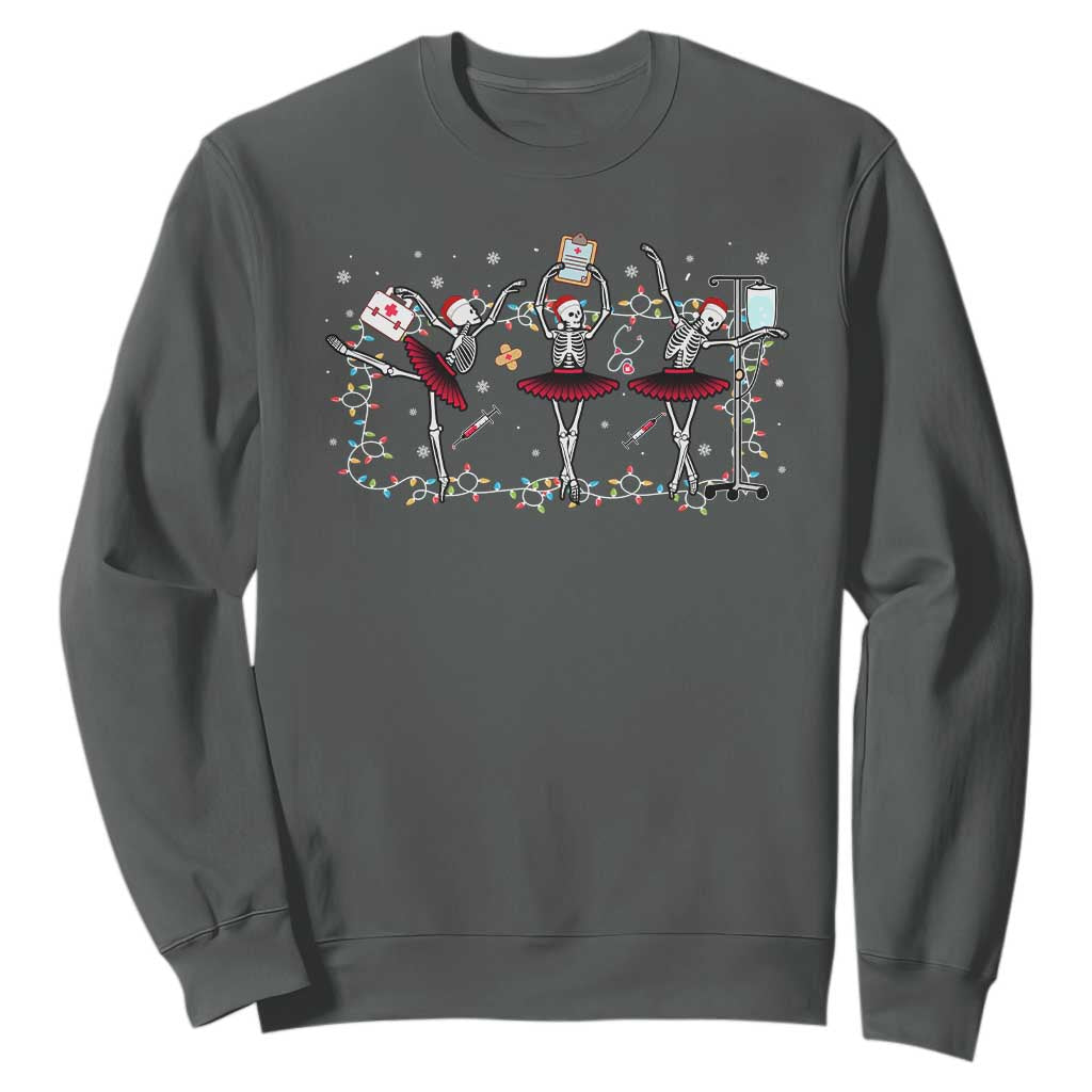 Skeleton Nurse Christmas Sweatshirt Ballerinas Ballet Dance Xmas Lights TS10 Dark Heather Print Your Wear