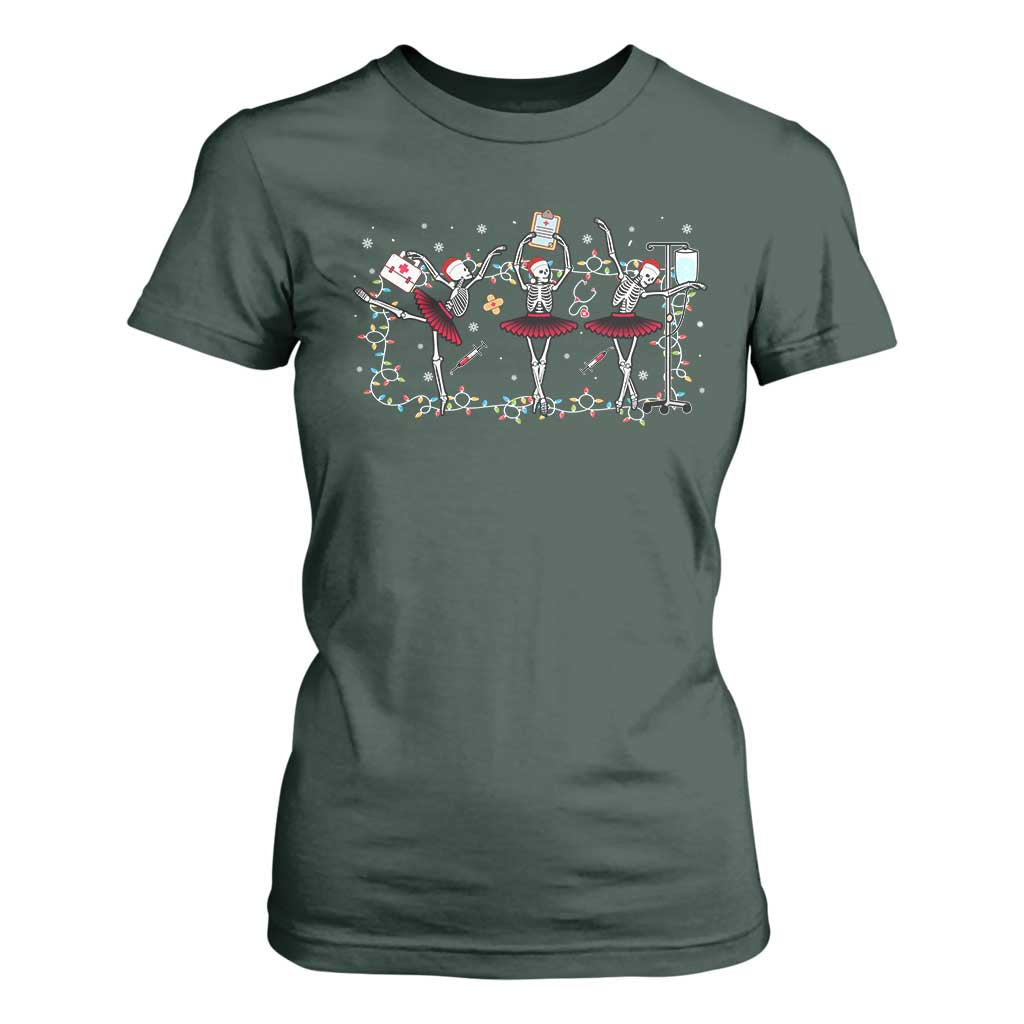 Skeleton Nurse Christmas T Shirt For Women Ballerinas Ballet Dance Xmas Lights TS10 Dark Forest Green Print Your Wear