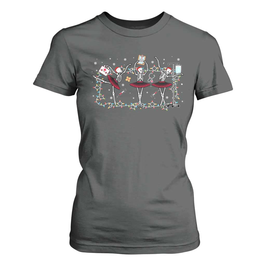 Skeleton Nurse Christmas T Shirt For Women Ballerinas Ballet Dance Xmas Lights TS10 Dark Heather Print Your Wear