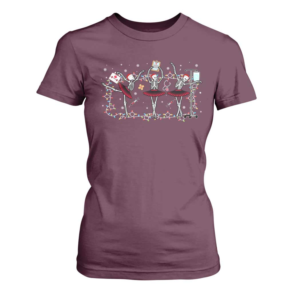 Skeleton Nurse Christmas T Shirt For Women Ballerinas Ballet Dance Xmas Lights TS10 Maroon Print Your Wear