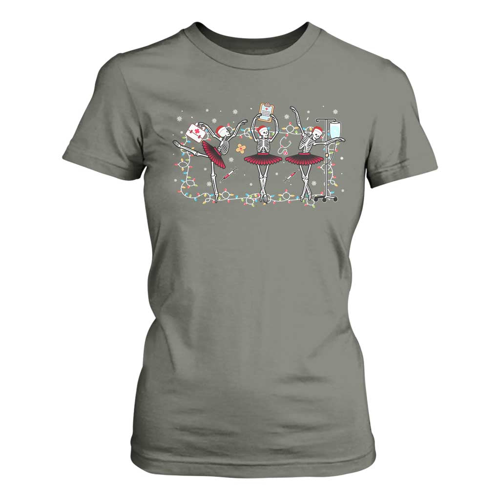 Skeleton Nurse Christmas T Shirt For Women Ballerinas Ballet Dance Xmas Lights TS10 Military Green Print Your Wear