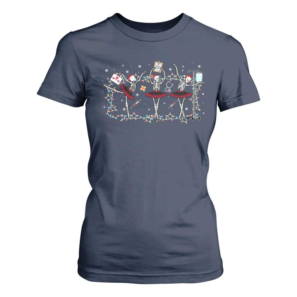 Skeleton Nurse Christmas T Shirt For Women Ballerinas Ballet Dance Xmas Lights TS10 Navy Print Your Wear