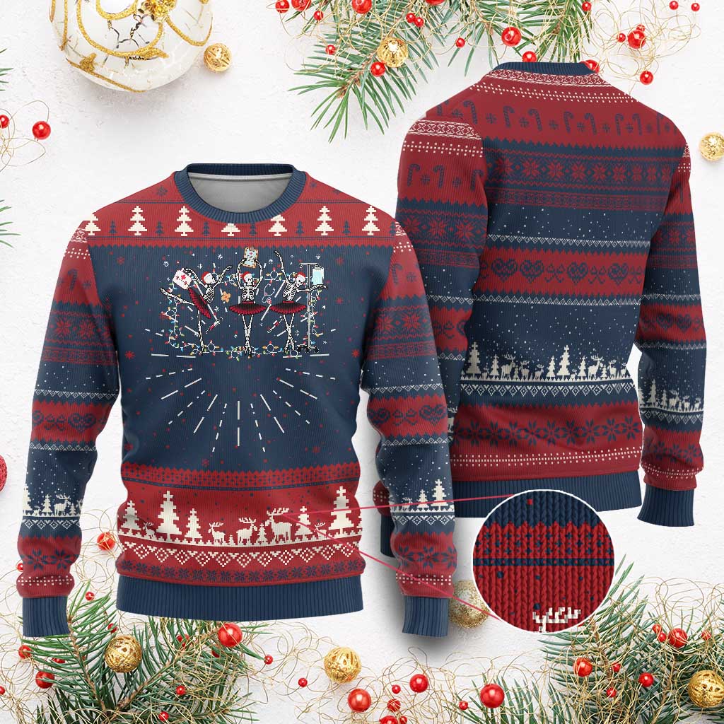 Skeleton Nurse Christmas Knit Sweatshirt Ballerinas Ballet Dance Xmas Lights - Print Your Wear