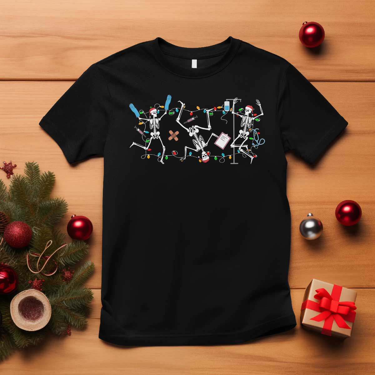 Skeleton Nurse Christmas T Shirt Funny Hip Hop Dancing Registered Nurse Xmas Lights TS10 Black Print Your Wear
