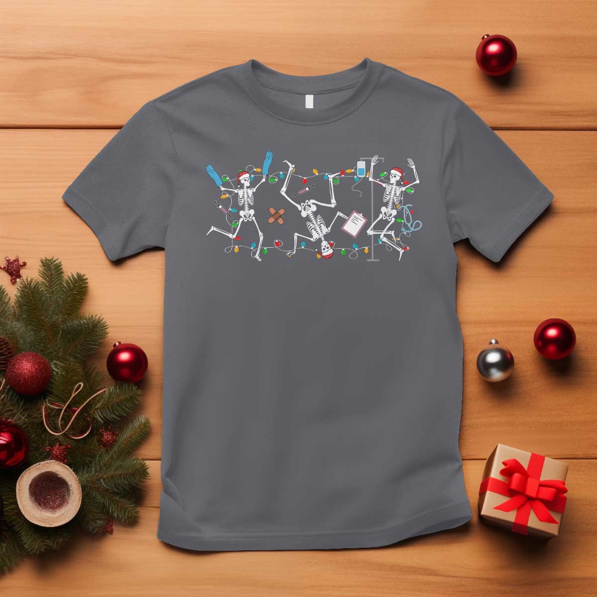 Skeleton Nurse Christmas T Shirt Funny Hip Hop Dancing Registered Nurse Xmas Lights TS10 Charcoal Print Your Wear