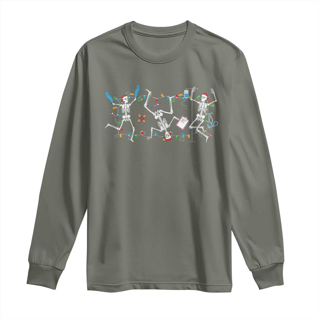 Skeleton Nurse Christmas Long Sleeve Shirt Funny Hip Hop Dancing Registered Nurse Xmas Lights TS10 Military Green Print Your Wear