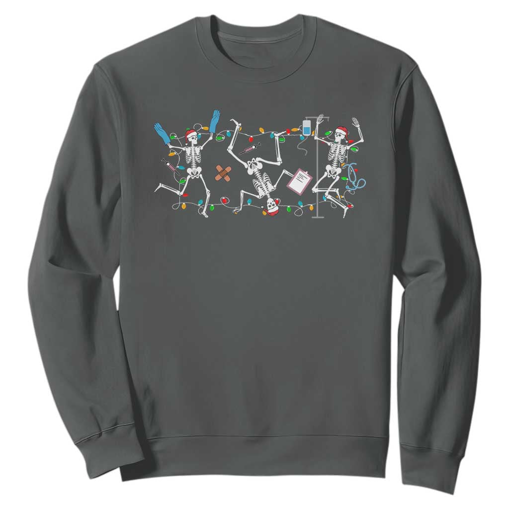 Skeleton Nurse Christmas Sweatshirt Funny Hip Hop Dancing Registered Nurse Xmas Lights TS10 Dark Heather Print Your Wear