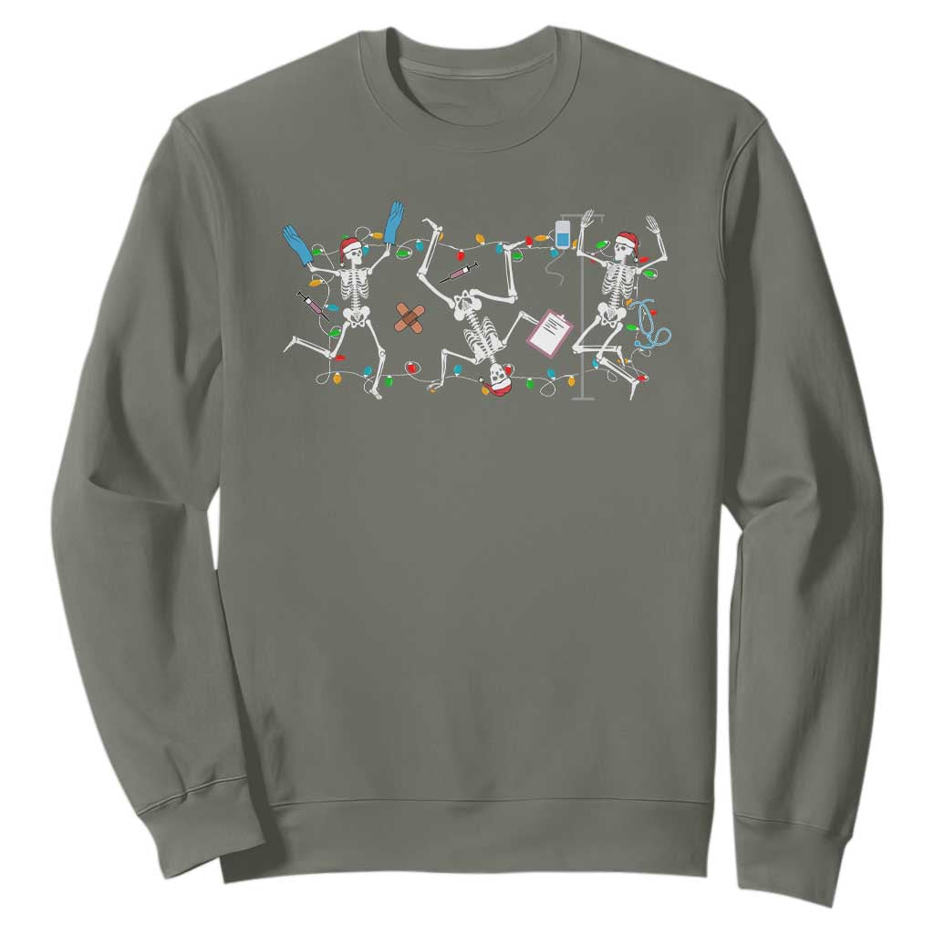 Skeleton Nurse Christmas Sweatshirt Funny Hip Hop Dancing Registered Nurse Xmas Lights TS10 Military Green Print Your Wear