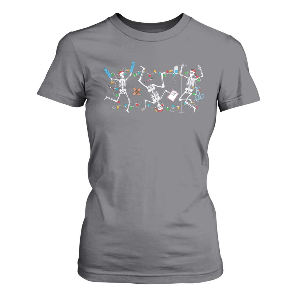 Skeleton Nurse Christmas T Shirt For Women Funny Hip Hop Dancing Registered Nurse Xmas Lights TS10 Charcoal Print Your Wear