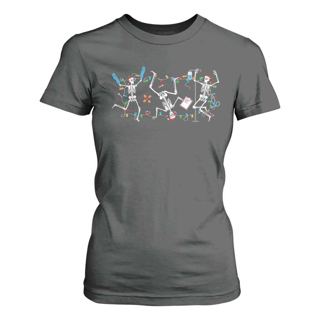 Skeleton Nurse Christmas T Shirt For Women Funny Hip Hop Dancing Registered Nurse Xmas Lights TS10 Dark Heather Print Your Wear