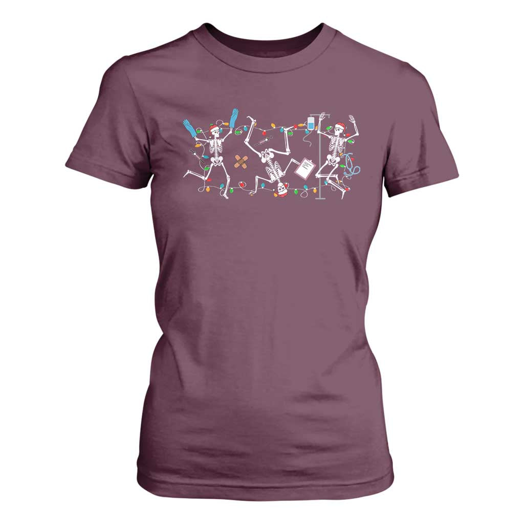 Skeleton Nurse Christmas T Shirt For Women Funny Hip Hop Dancing Registered Nurse Xmas Lights TS10 Maroon Print Your Wear