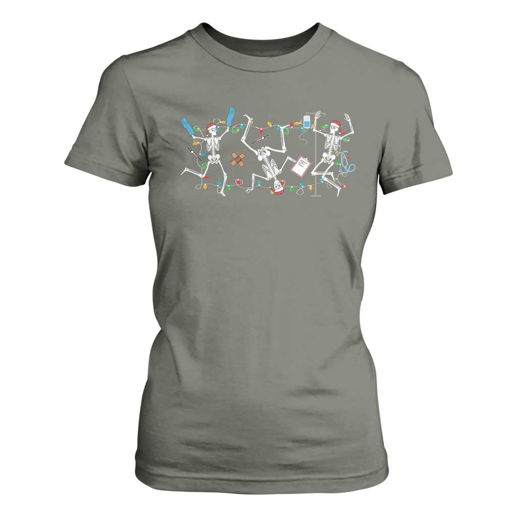 Skeleton Nurse Christmas T Shirt For Women Funny Hip Hop Dancing Registered Nurse Xmas Lights TS10 Military Green Print Your Wear