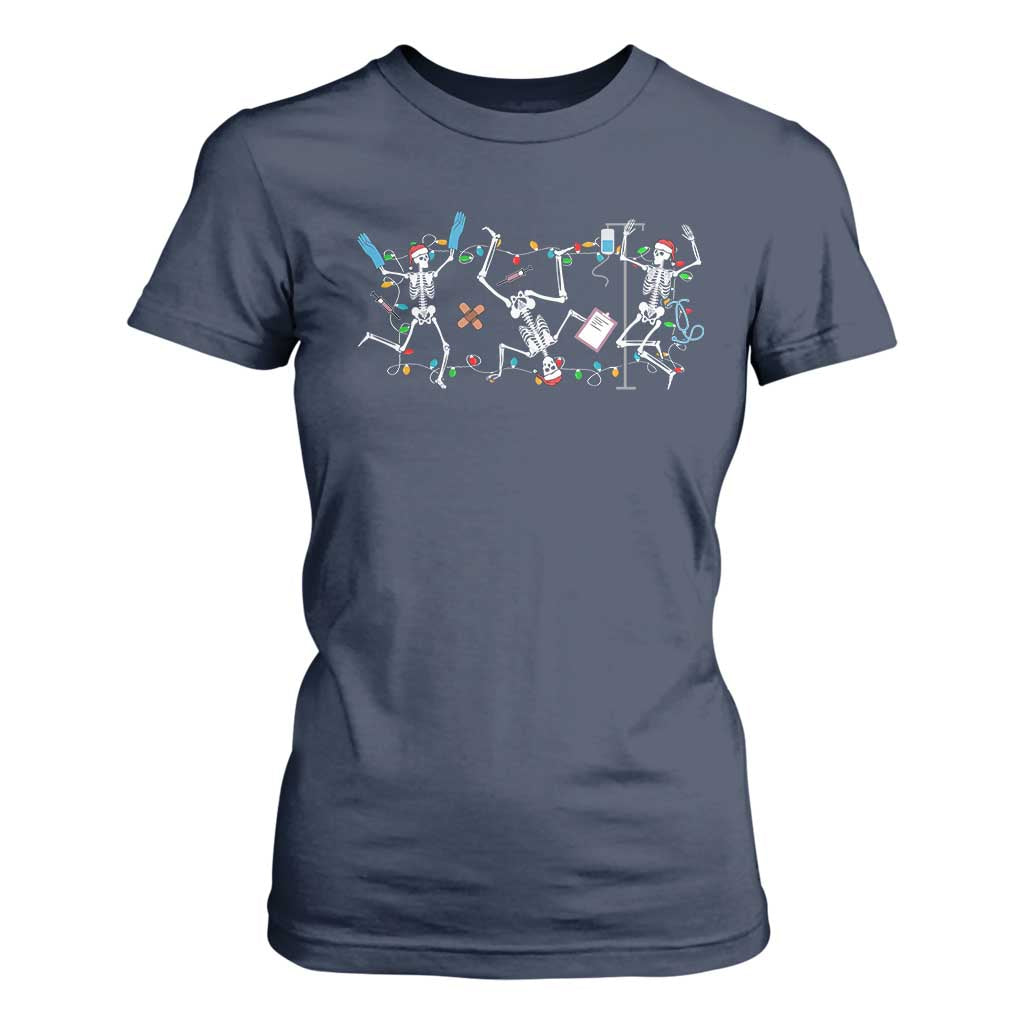 Skeleton Nurse Christmas T Shirt For Women Funny Hip Hop Dancing Registered Nurse Xmas Lights TS10 Navy Print Your Wear