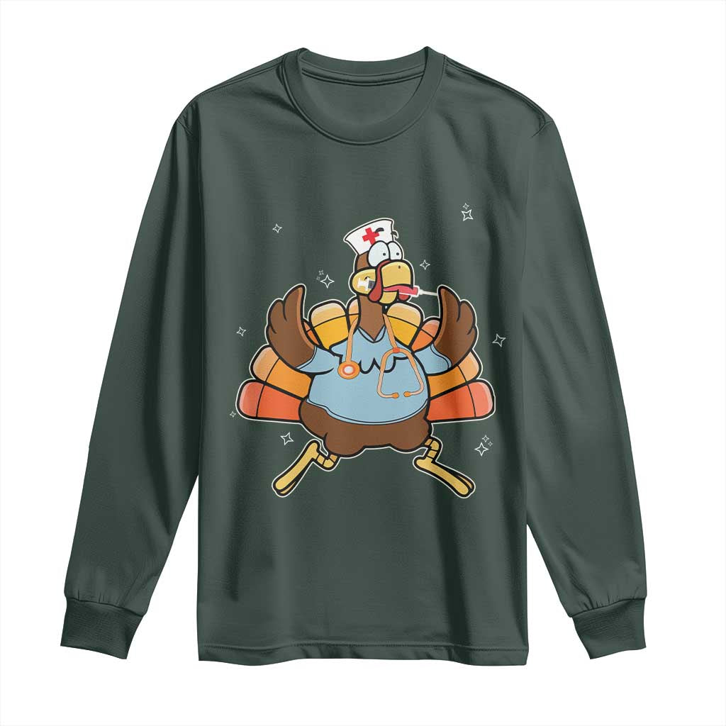 Thanksgiving Nurse Turkey Long Sleeve Shirt Funny Nursing Student Gift Thankful Nurse Medical Assistant TS10 Dark Forest Green Print Your Wear