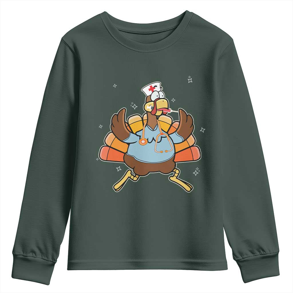 Thanksgiving Nurse Turkey Youth Sweatshirt Funny Nursing Student Gift Thankful Nurse Medical Assistant TS10 Dark Forest Green Print Your Wear