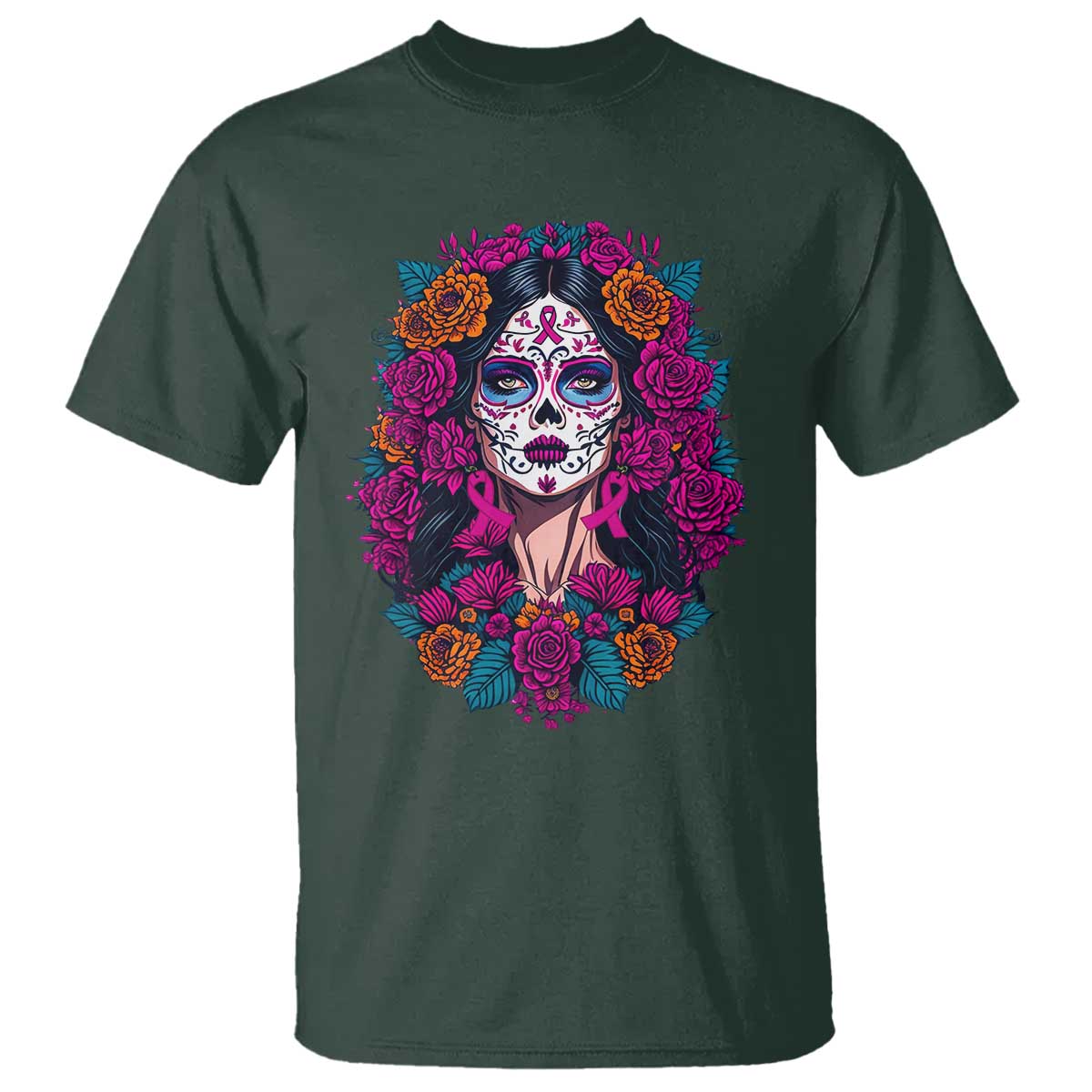 Dia De Los Muertos Catrina Day Of The Dead Sugar Skull T Shirt TS10 Dark Forest Green Print Your Wear