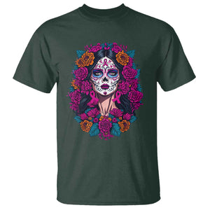 Dia De Los Muertos Catrina Day Of The Dead Sugar Skull T Shirt TS10 Dark Forest Green Print Your Wear