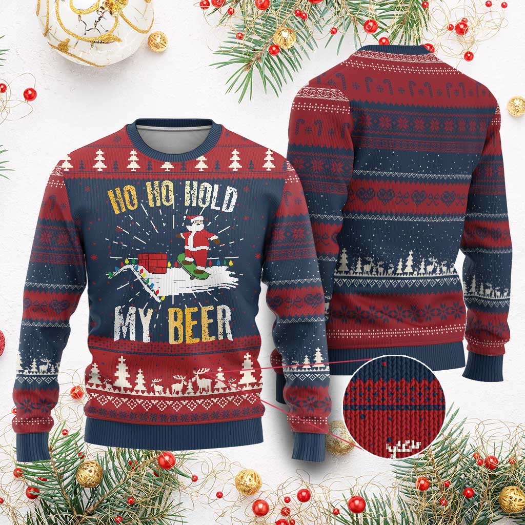 Beer Ugly Christmas Sweater Funny Santa Ho Ho Hold My Beer Skateboard Roof TS10 Burgundy Print Your Wear