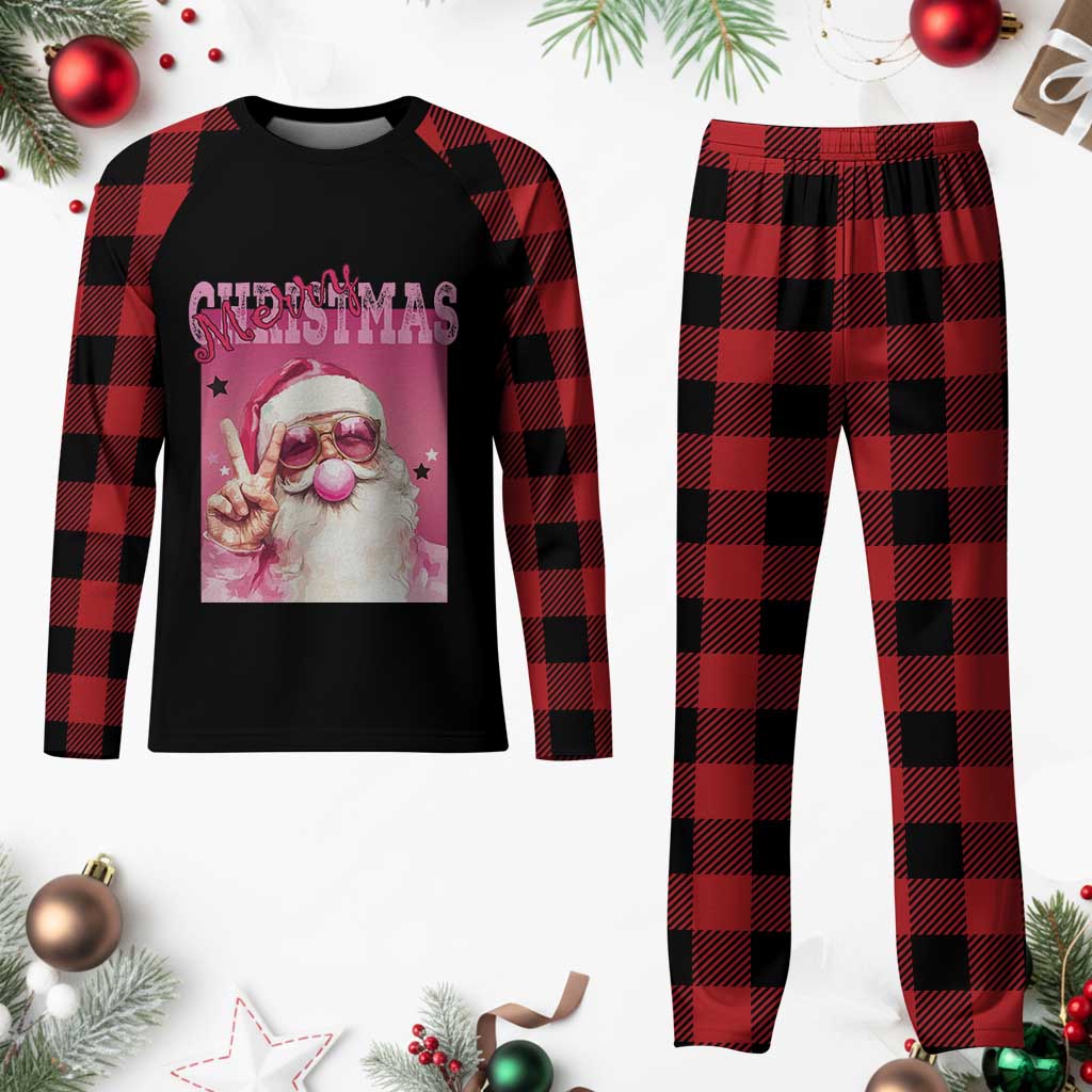 Pink Santa Retro Christmas Plaid Pajama Set Blowing Bubble Pink Xmas Matching Family Group Party TS10 Buffalo Plaid Print Your Wear