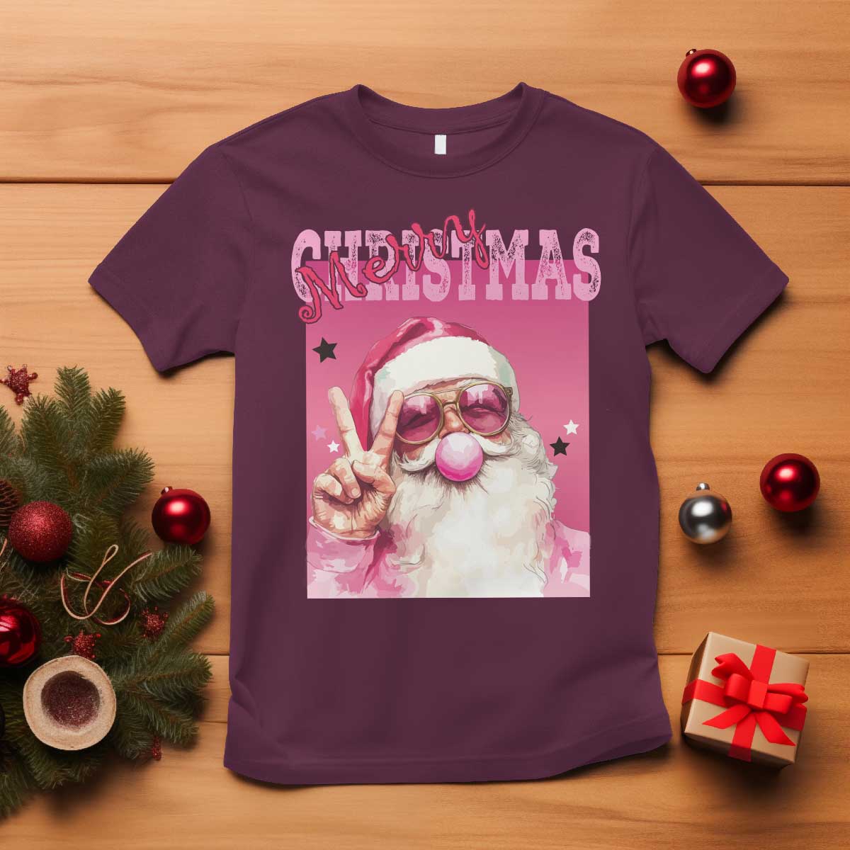 Pink Santa Retro Christmas T Shirt Blowing Bubble Pink Xmas Matching Family Group Party TS10 Maroon Print Your Wear