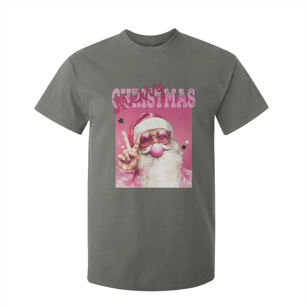 Pink Santa Retro Christmas T Shirt For Kid Blowing Bubble Pink Xmas Matching Family Group Party TS10 Military Green Print Your Wear