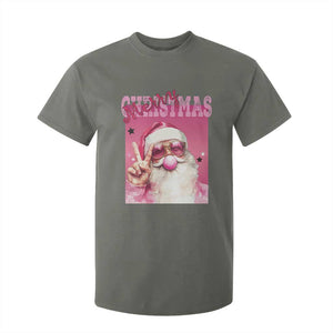 Pink Santa Retro Christmas T Shirt For Kid Blowing Bubble Pink Xmas Matching Family Group Party TS10 Military Green Print Your Wear